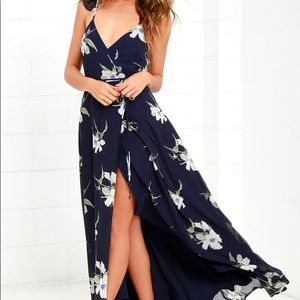 Lulu’s Navy Blue Floral Print High-Low Wrap Dress